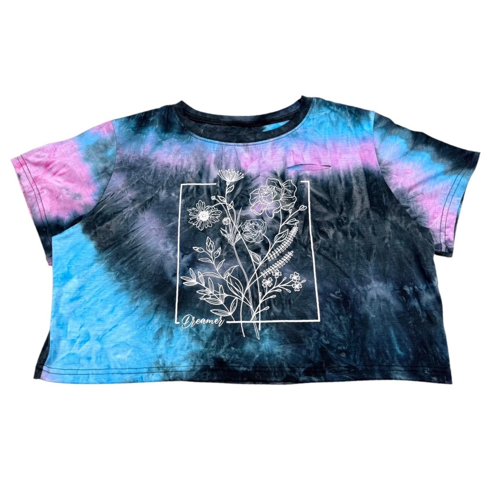 Unbranded Tie Dye Graphic Crop Top Women's S Blue Pink Floral Dreamer Distressed